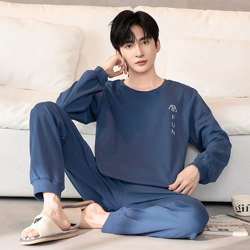 Autumn New Simple Men's Cotton Pajamas Set Plus Size O Neck Long Sleeve 2 Pcs Men's Pajamas Casual Soft Oversized Loungewear