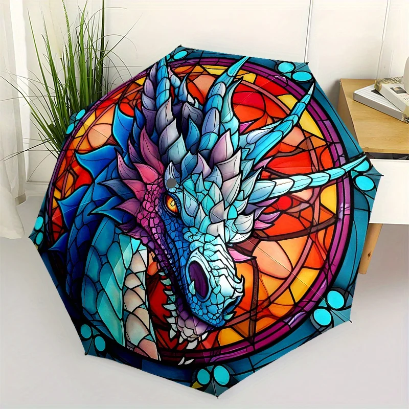 

Stained Dragon Umbrella - Open/Close 8-Rib Compact 3-Fold Portable Parasol with Stained Dragon Design (Turquoise/Purple/Blue/P