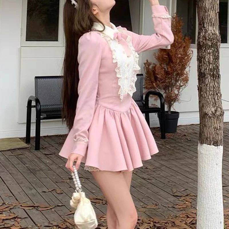 فساتين حفلات الأميرات الحلوة بفيونكة دانتيل عتيقة للسيدات Harajuku Y2K لوليتا Kawaii فستان قصير بأكمام طويلة فساتين مثيرة #3