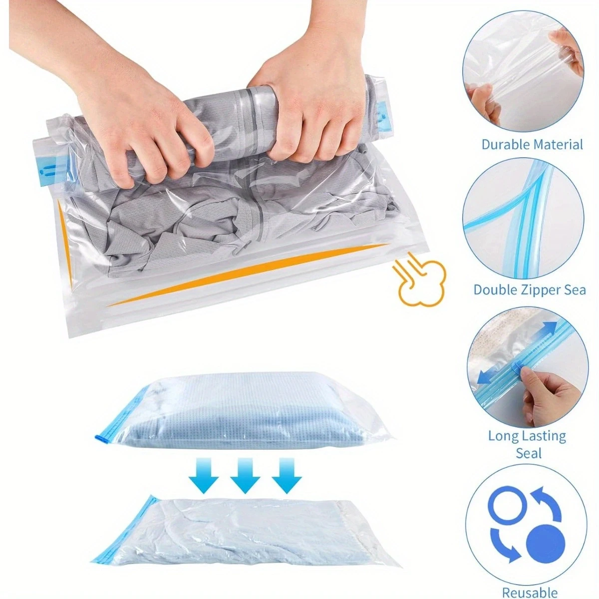 Reusable Travel Clothes Air Vacuum Bags Roll Up Compression Storage Bags For Suitcases Tops Pants Portable Foldable Storage Bags