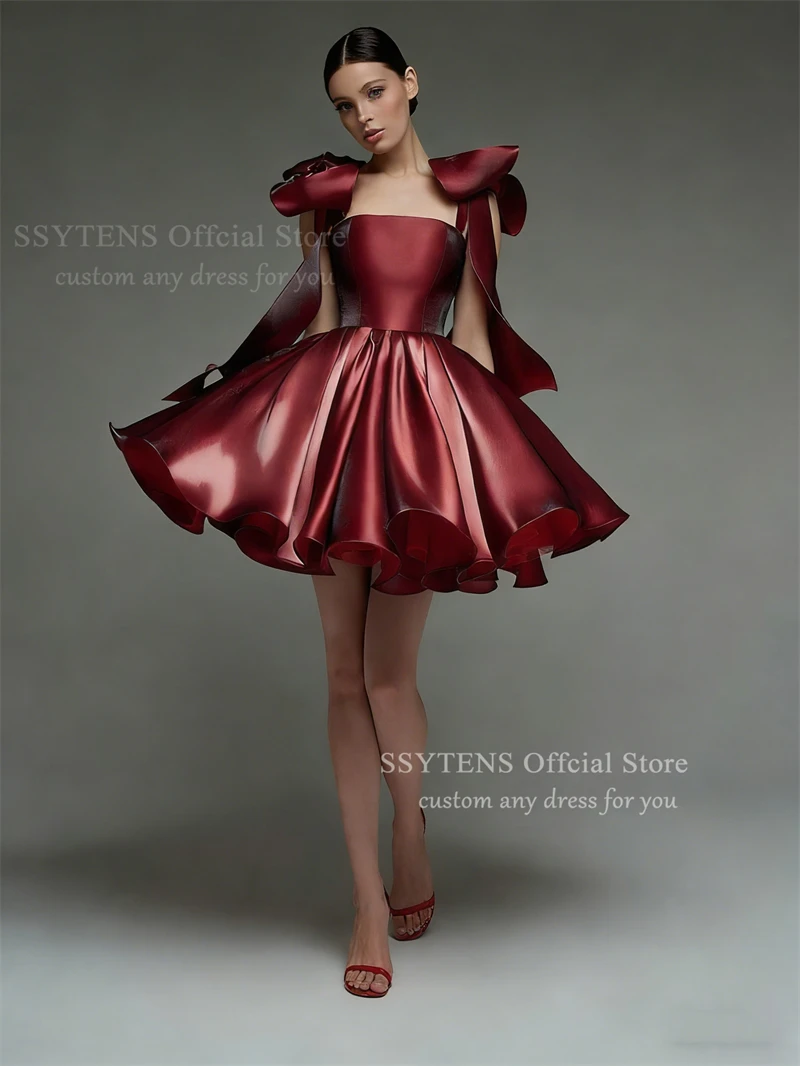 SSYTENS Mini Burgundy Prom Dress Off Shoulder Square Neck Homecoming Dresses Satin Girly A Line 15 Quinceanera Dresses Customize