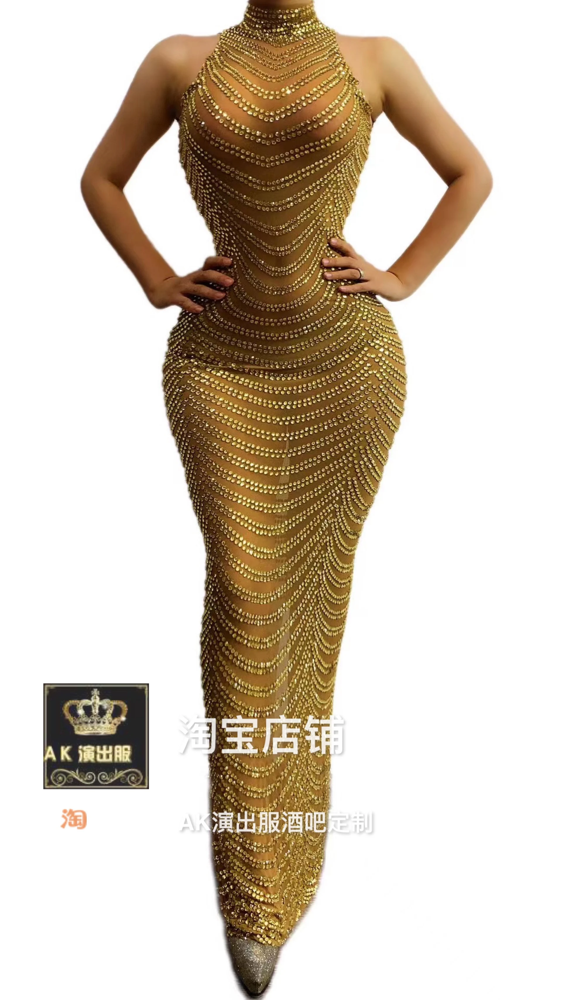 

Full Diamond Ripple Print Slim Fit Wrap Hip Dress Long Dress Nightclub Wine Female Stage Performance Dress Model Walk Show Dress