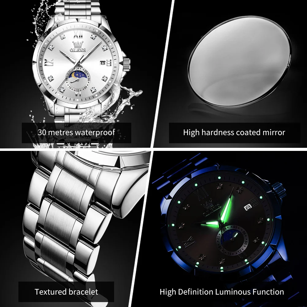 OLEVS ساعات رجال الأعمال عادية مقاوم للماء الفولاذ المقاوم للصدأ العلامة التجارية الأعلى الأصلي كوارتز ساعة اليد مرحلة القمر مضيئة 2956 جديد