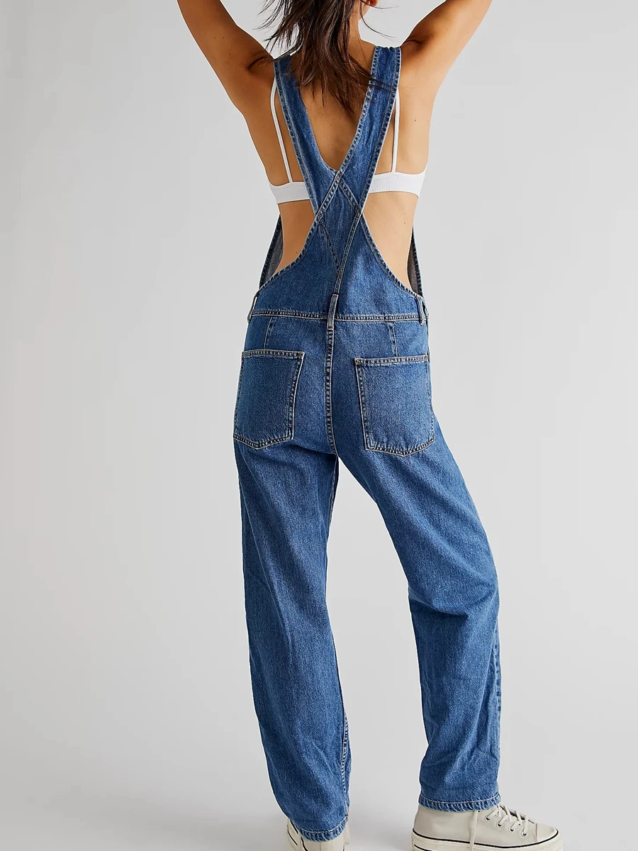 Women Denim Bib Overall Casual Adjustable Strap Denim Jumpsuit Loose Fit Straight Leg Overall Jean Pants Streetwear