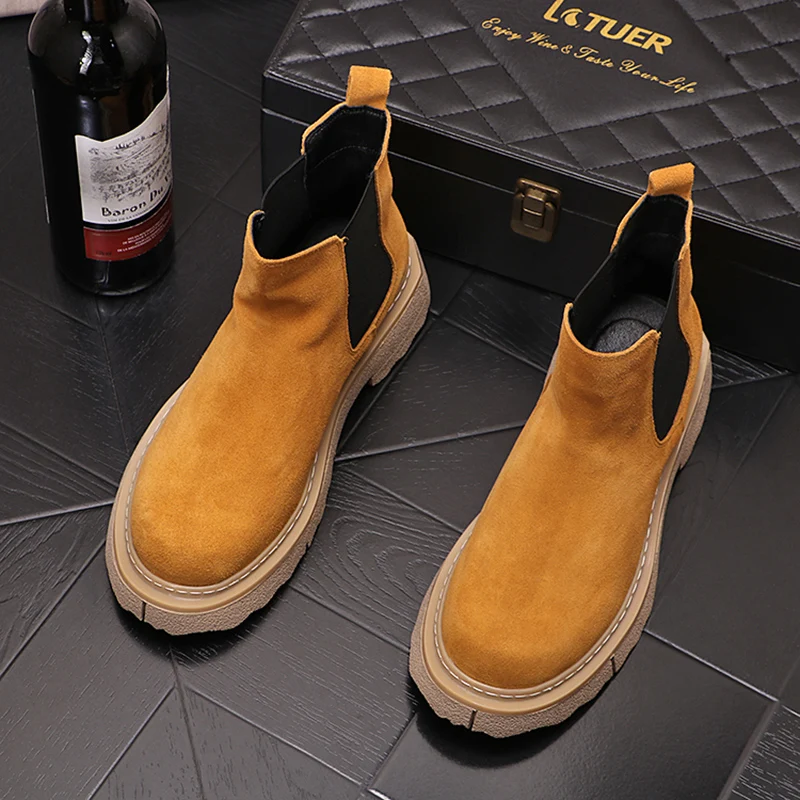 italian brand designer mens fashion chelsea boots cow suede leather shoes stage nightclub dress platform ankle boot short botas