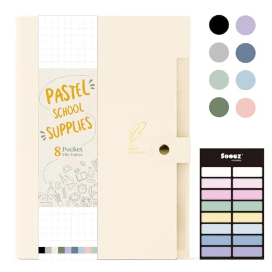 Aesthetic 8 Pocket Accordion File Organizer, Pastels Expanding File Folder for Important Document with Labels, Portable Receipt