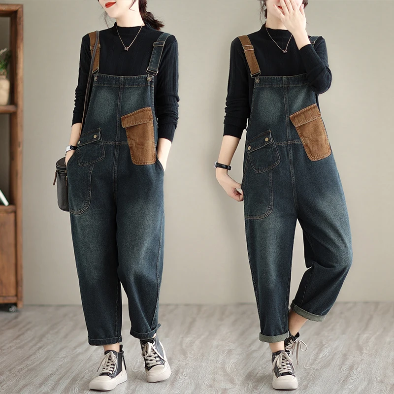 

Color Blo ket Denim Overalls for plus Size Women High Waist Nine Points Pants Autumn New Sle Color Wide Leg Jeans