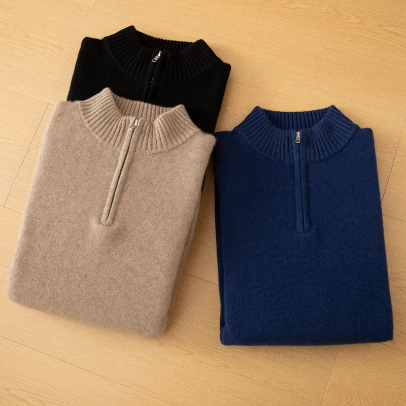 

Роскошная мужская одежда, версия с полувысоким воротником и пуловером на молнии, осень-зима, деловой свитер из 100% кашемира, повседневный топ