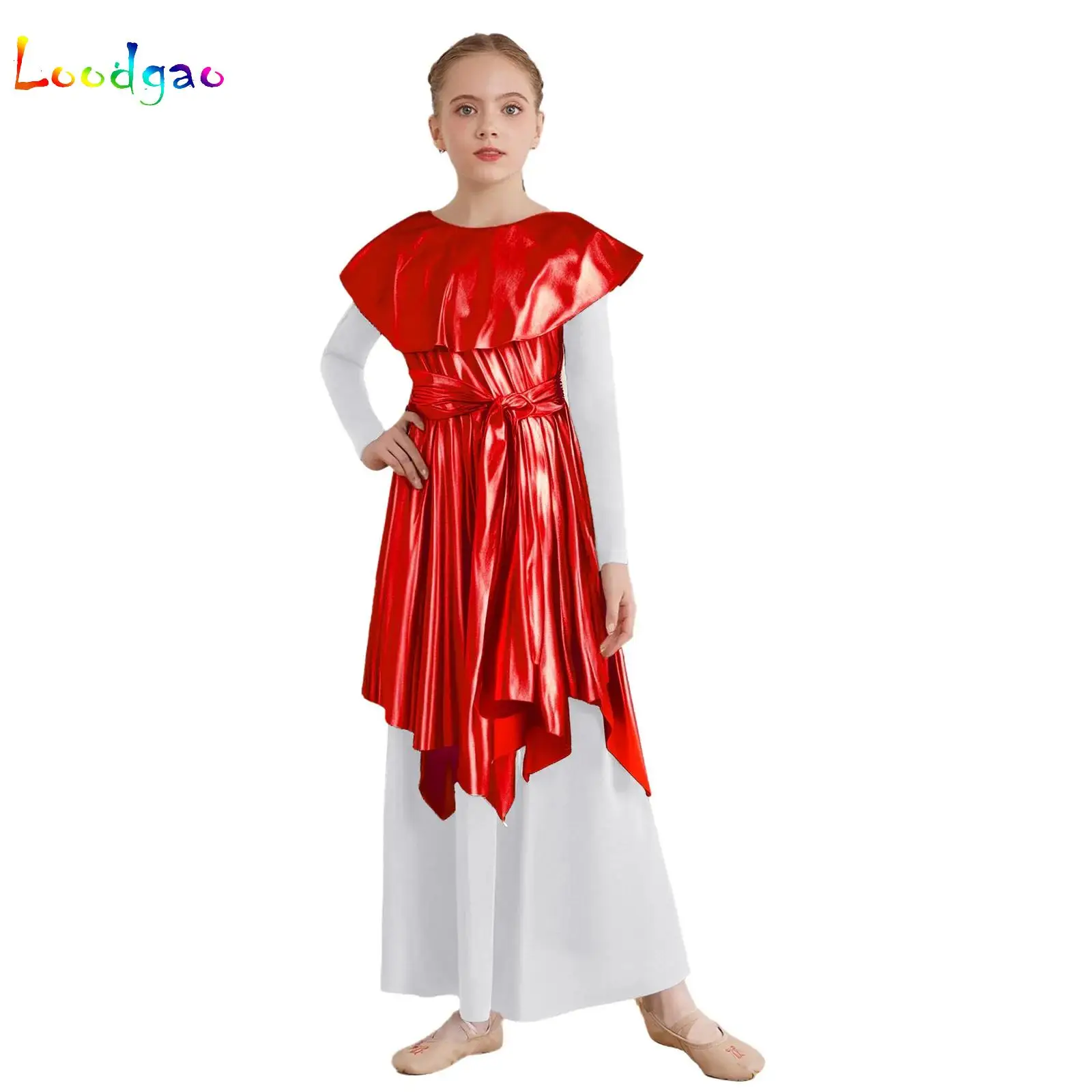 

Kids Girls Etiquette Praise Dance Dress Metallic Church Christian Worship Costume Asymmetrical Tunic Contemporary Dance Dress