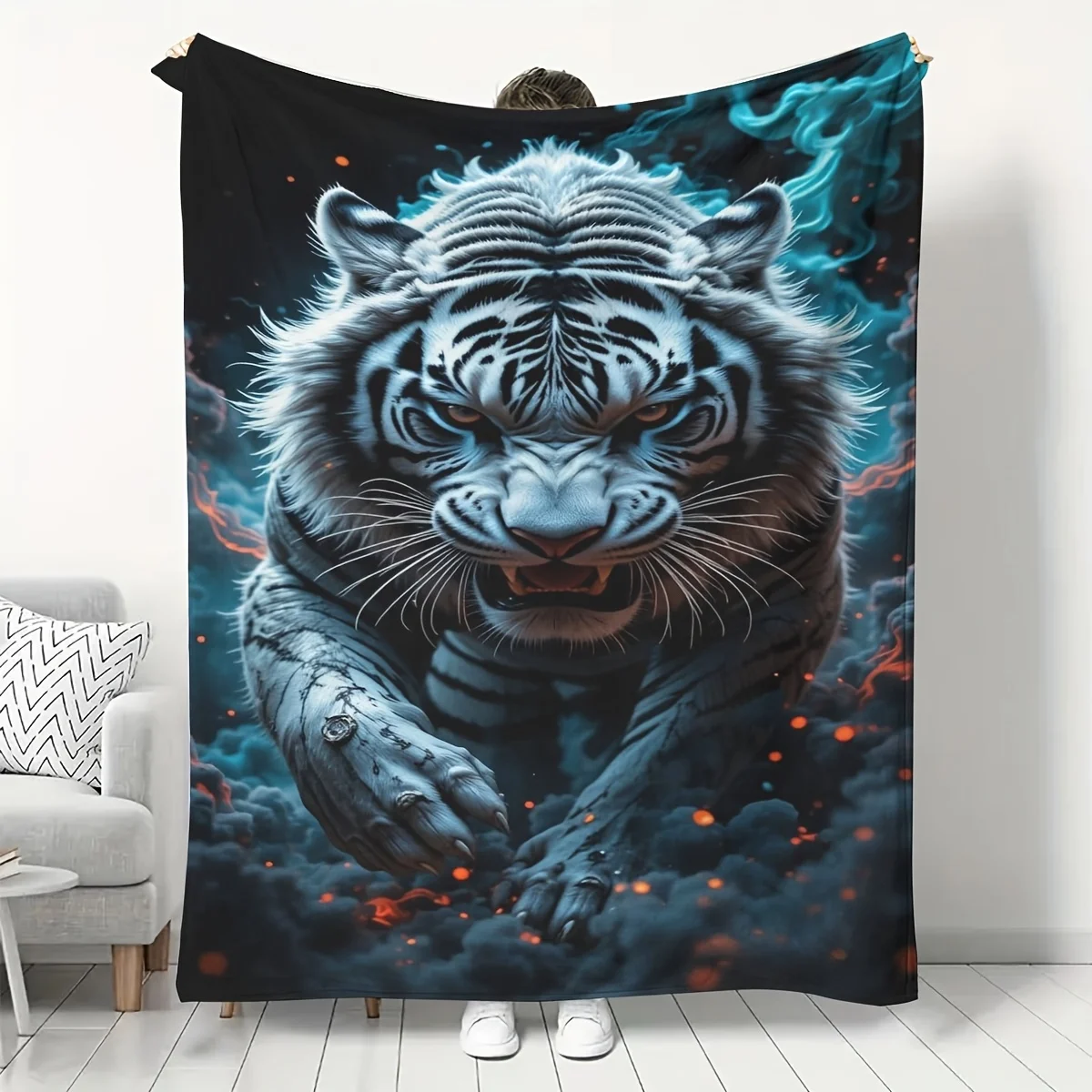 Illuminating eye white tiger pattern Flannel printed blanket suitable for all seasons suitable for living office sofa and travel