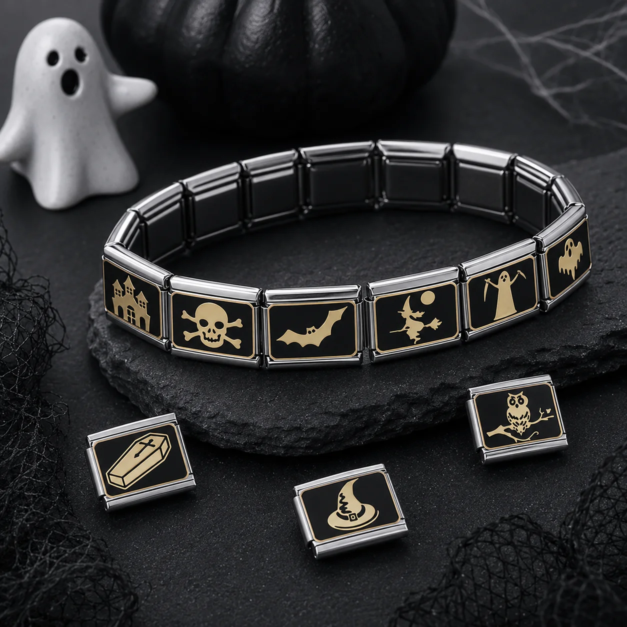 iYOE 1pcs Personalized Spooky Designs Halloween Italian Charm Module 9x10mm Bracelet Pumpkins Bracelet for DIY Jewelry Making