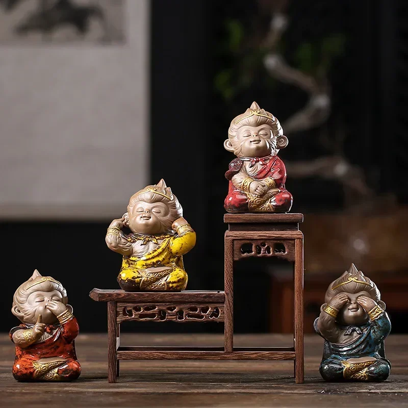 Ceramic 4 piece set Monkey King Statue Painted Art Craft  Home living room bedroom decorations gift collection