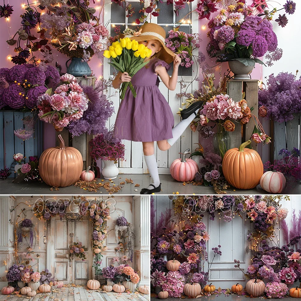 Fall Photography Backdrop Purple Pink Floral Wall White Wooden Fence Pumpkin Vines Hydrangeas Background Photo Studio Photocall