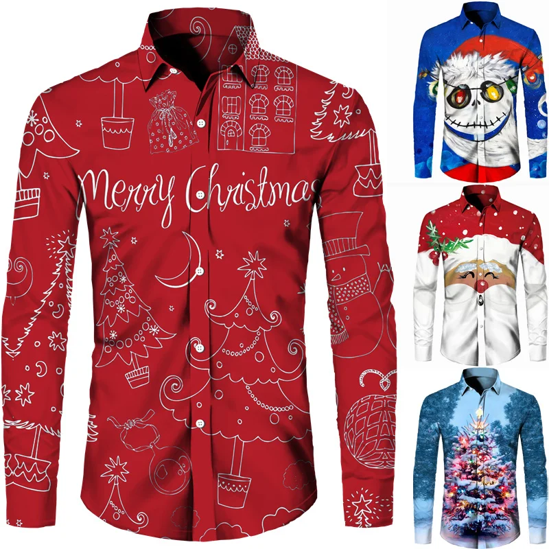 

New Year Christmas Theme Santa Claus Shiny 3D Printed Men's Shirts Long Sleeve Blouse Y2k Fashion Holiday Party Tops Clothing