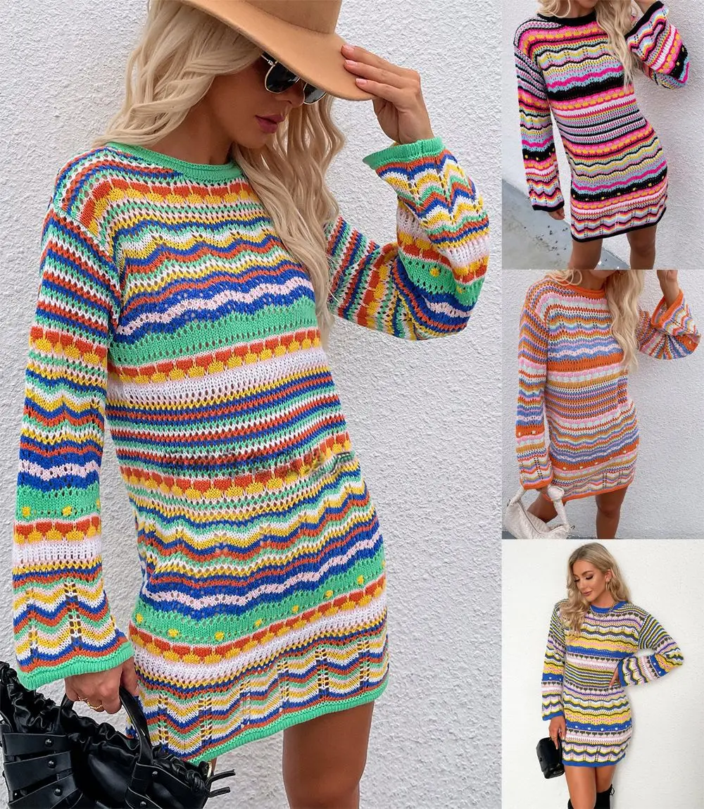 

VOLALO Vintage Colorful Crochet Mini Dress Women 2024 Casual Long Sleeve Hollow Out Holiday Beach Fashion Short Dresses Vestidos