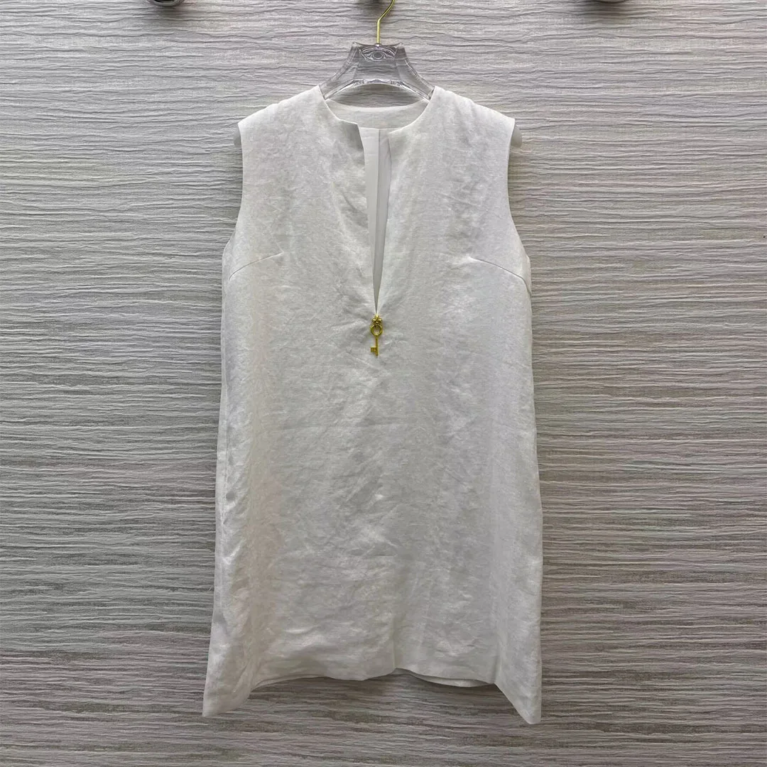 2025 nouvelle mode d'été solide 100% lin Mini débardeur femmes col rond fendu sans manches or clé décoration décontracté robes amples