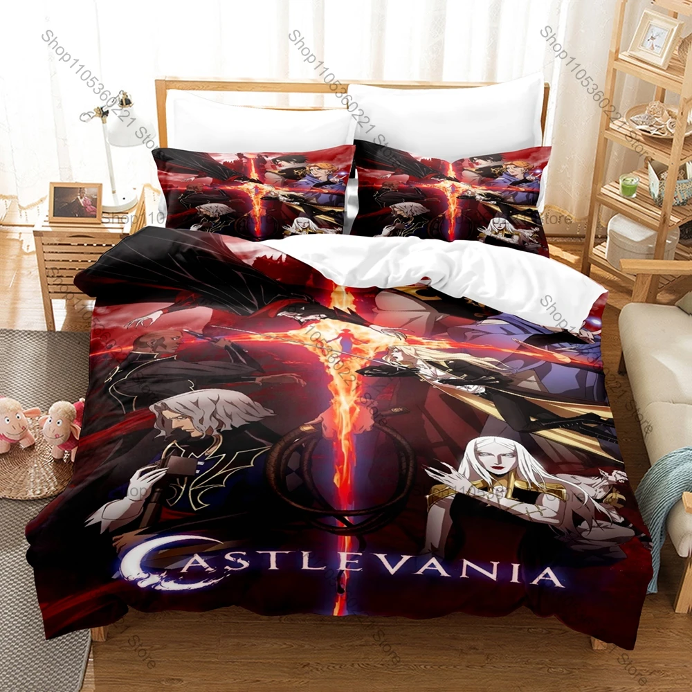Cool Castlevania Bedding Set Duvet Cover + 2 Pillowcases Gothic Vampire Dark Fantasy Game Anime Castle Horror Bedroom Decor