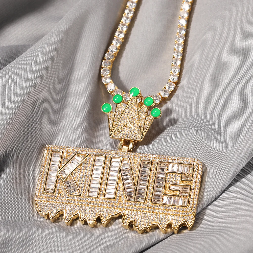 AZ Luminous Crown KING Pendant Bling Baguettes Zircon Iced Out letters Necklace For Women Men Hip Hop Jewelry Free Shipping