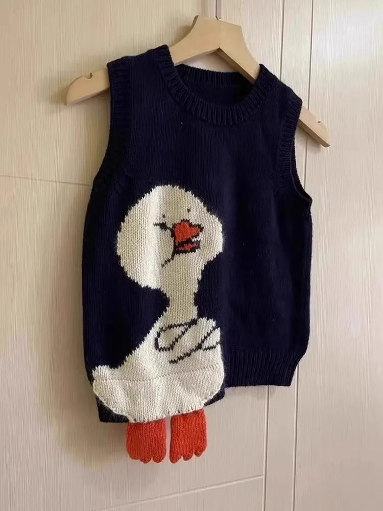 Loose Cartoon Duck Knitted Sweater Vest Black Female Style Korean Lazy Fashion Retro Design Winter Autumn Women's Fashion
