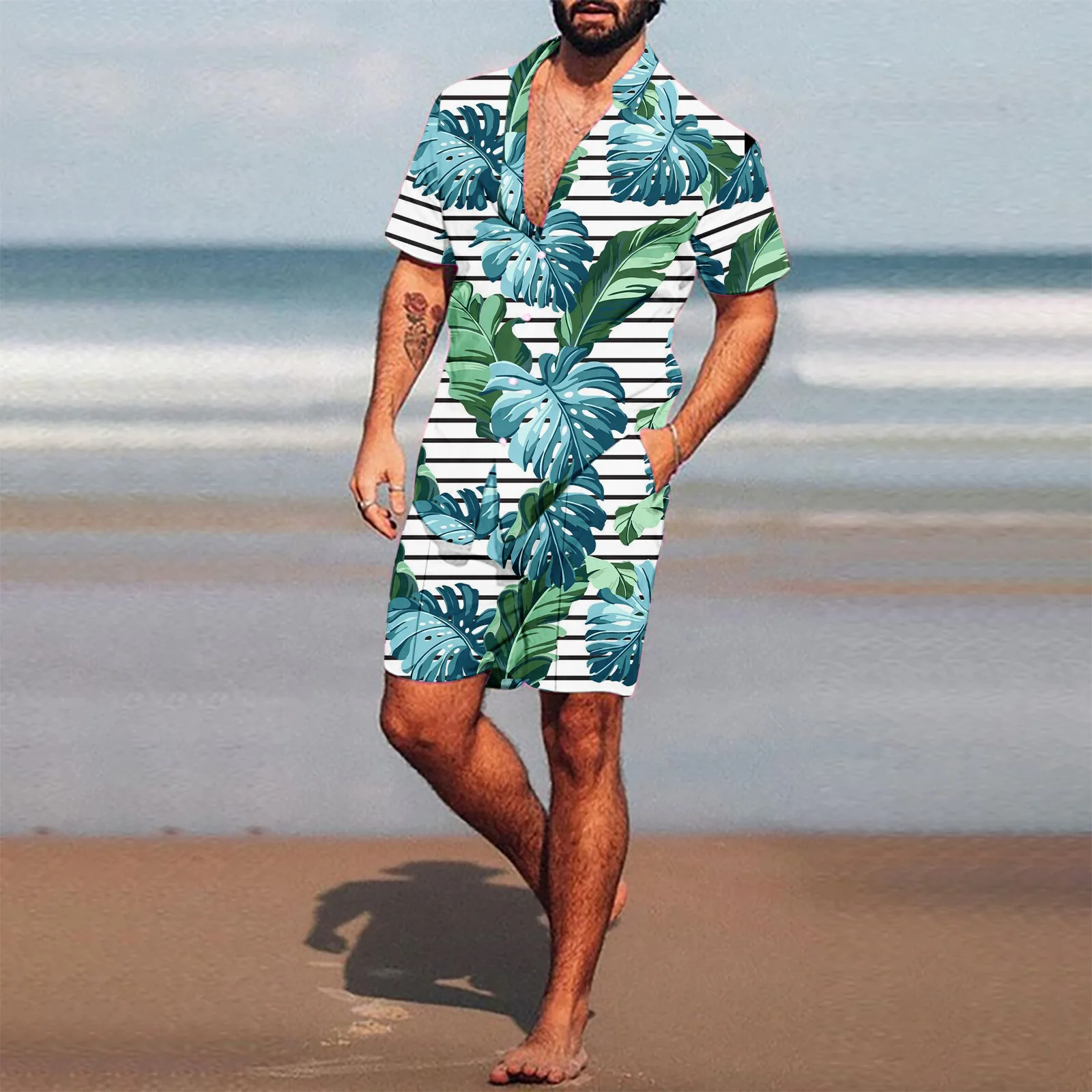 Summer Beach Style Men\'s Shirt Set Oversized Hawaii Casual Suit Coconut Tree 3D Print Holiday Short Sleeve Shirt Shorts 2pcs Set