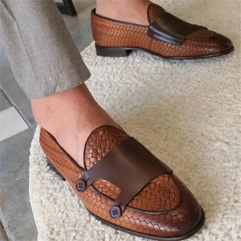 Loafers Men Shoes Pu Leather Black Brown Classic Casual Wedding Party Daily Woven Pattern Double Button Fashion Dress Shoes