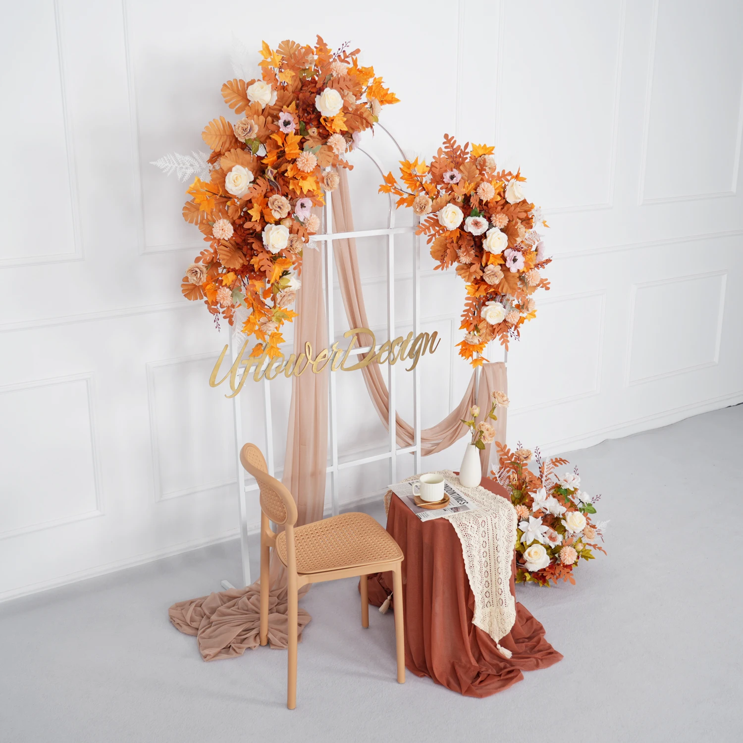 

Uflower Orange Rose Maple leaves Artificial Flower Row Arch Round Wedding Arch Hanging Corner Floral ball Backdrop Decor