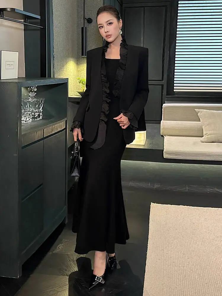 BEWQ Mode dames 2-delige set ruches lange mouw patchwork taille blazer slip slanke rokkostuum avondfeest 2025 herfst nieuw