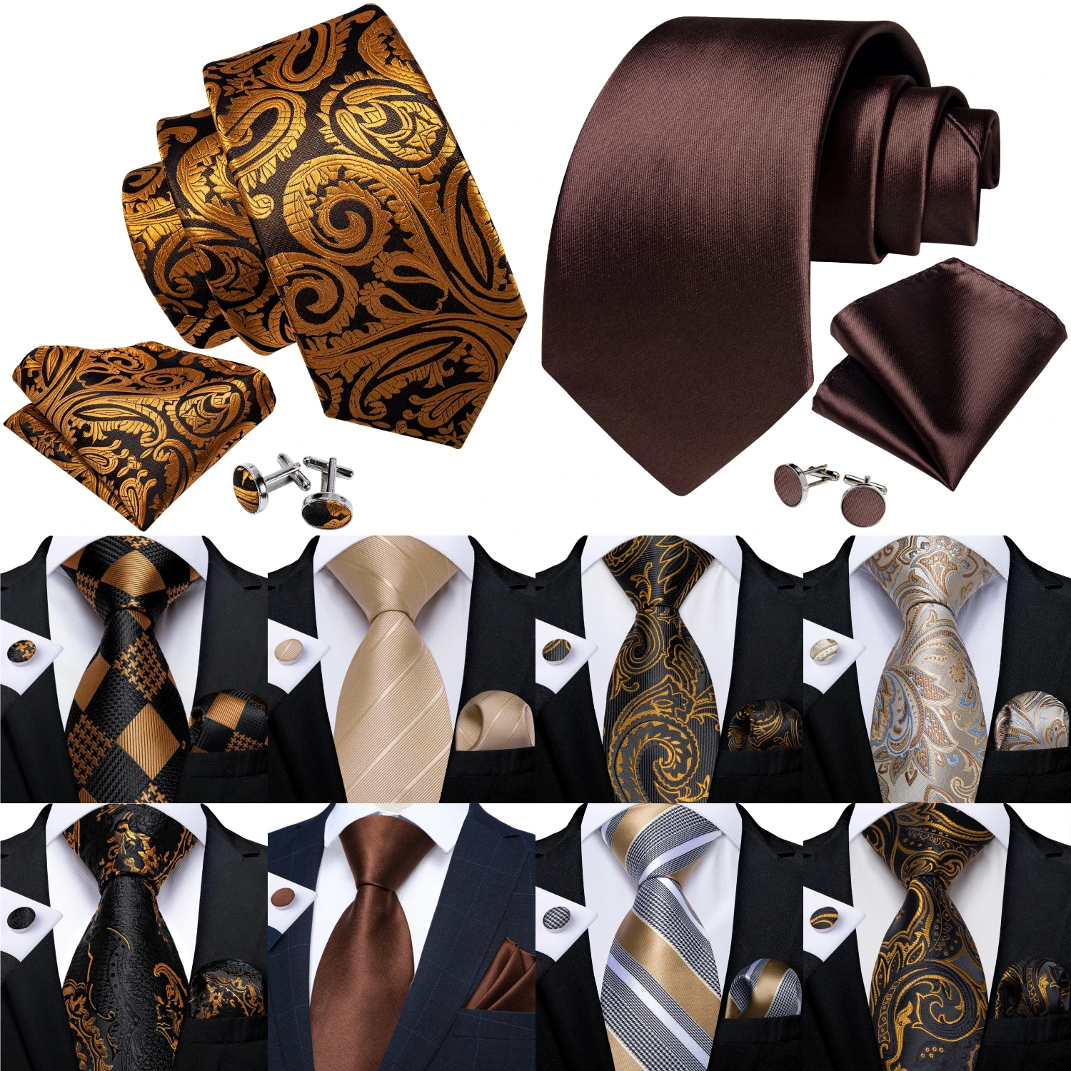 Silk Tie Striped - Gravatas marrons douradas para homens listradas