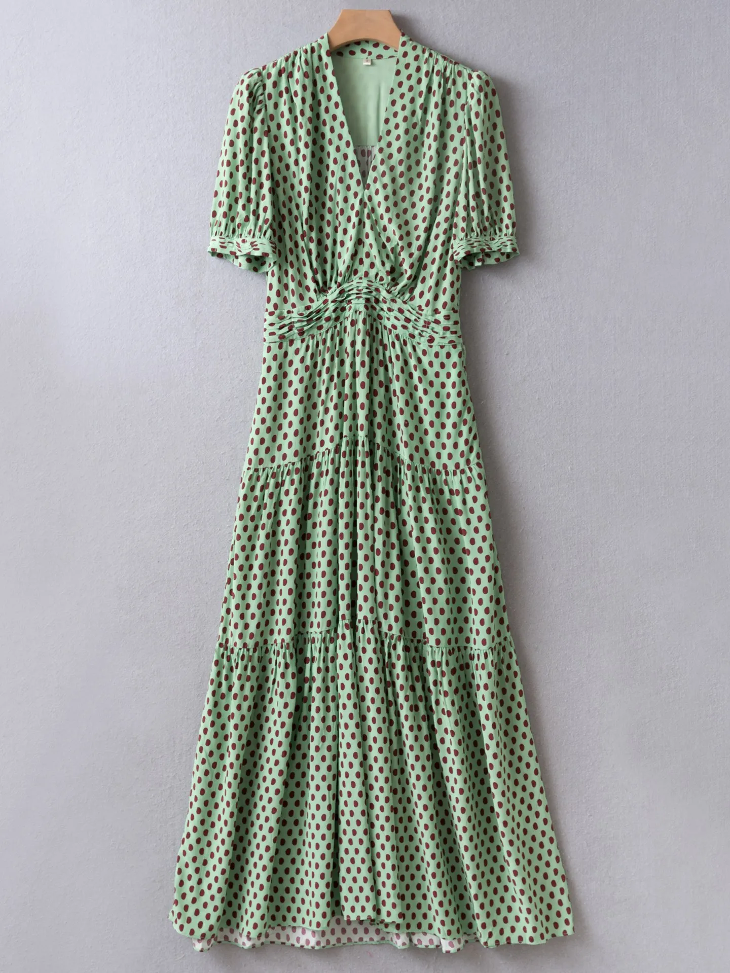 Summer Collection | Green Brown Polka Dot Dress | V-Neck Puff Sleeve Crepe Dress | US2-US12