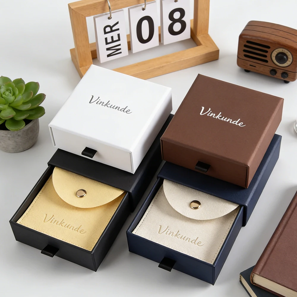 

50pcs Custom Logo 9x9x2.5cm Black Jewelry Drawer Packaging Box Bracelet Ring Earring Necklace Wedding Gift Boxes Snap Bag Pouch