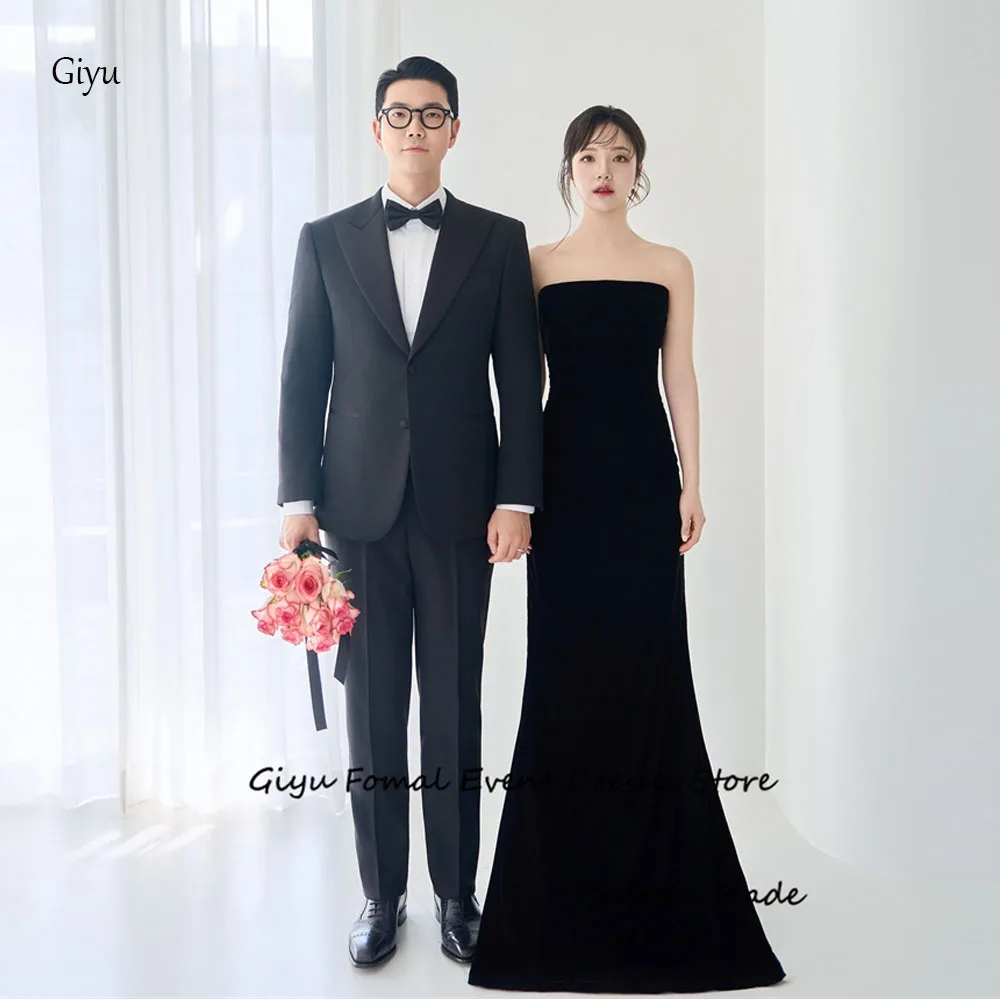 Giyu Simple Mermaid Evening Dresses Black Strapless Scalf Formal Party Dress Korea Photo shoot Soft Satin Detachable Overskirt