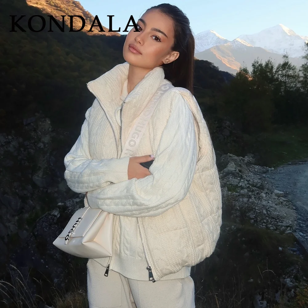 

KONDALA 2025 Fall Winter Streetwear Women Knitted Vests Fashion Striped Zip Up Turtleneck Ladies Christmas Warm Solid Vests