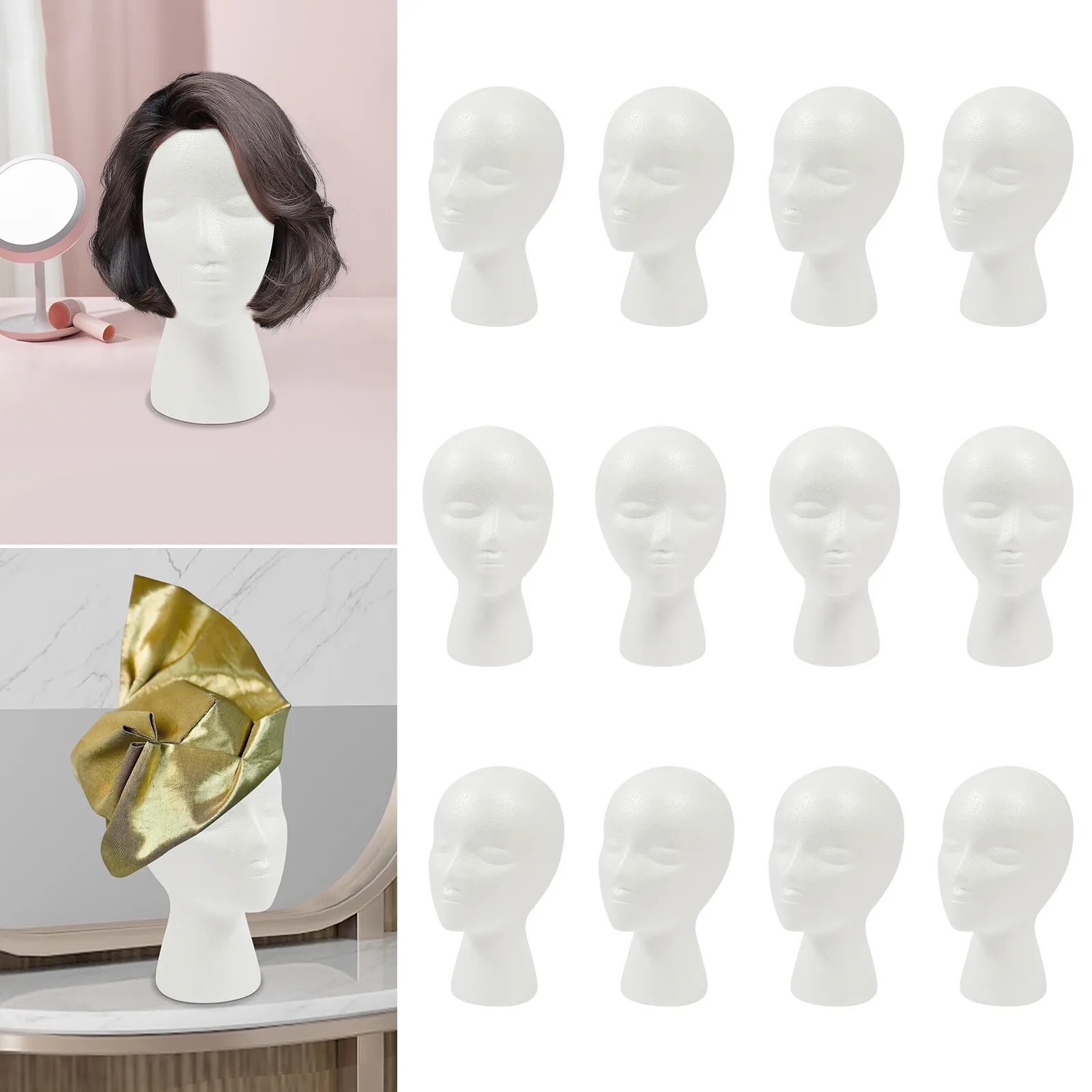 

12-Pack White Wig Display Heads - 11" (28cm) Lifelike Female Mannequin Heads, EPS Foam for Salon Styling