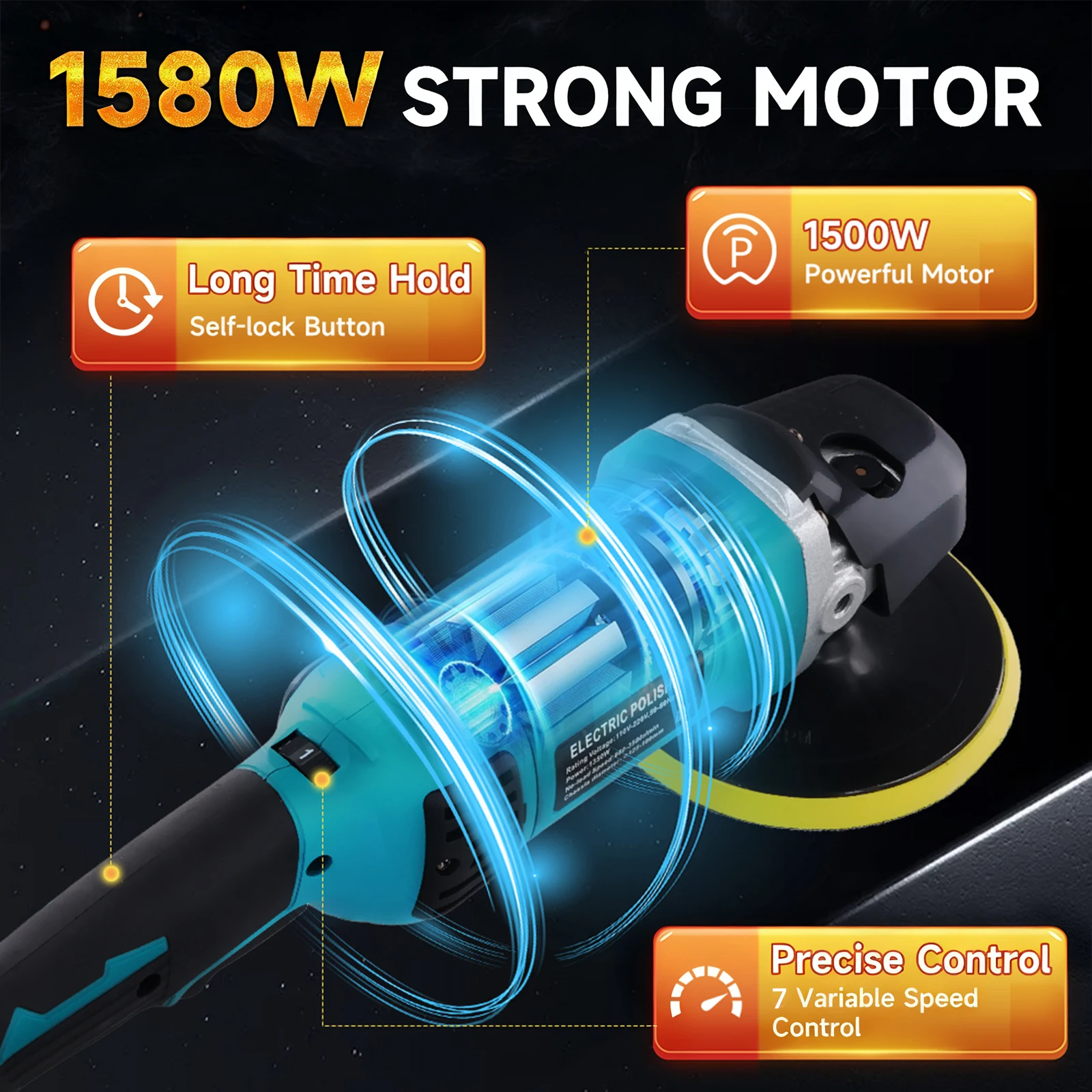 Podofo 1580W Lucidatrice Rotativa per Auto da 6'' con 4 Tipi di Tamponi, Lucidatrice Elettrica per Auto a 7 Velocità, Macchina per Lucidatura e Ceratura Auto