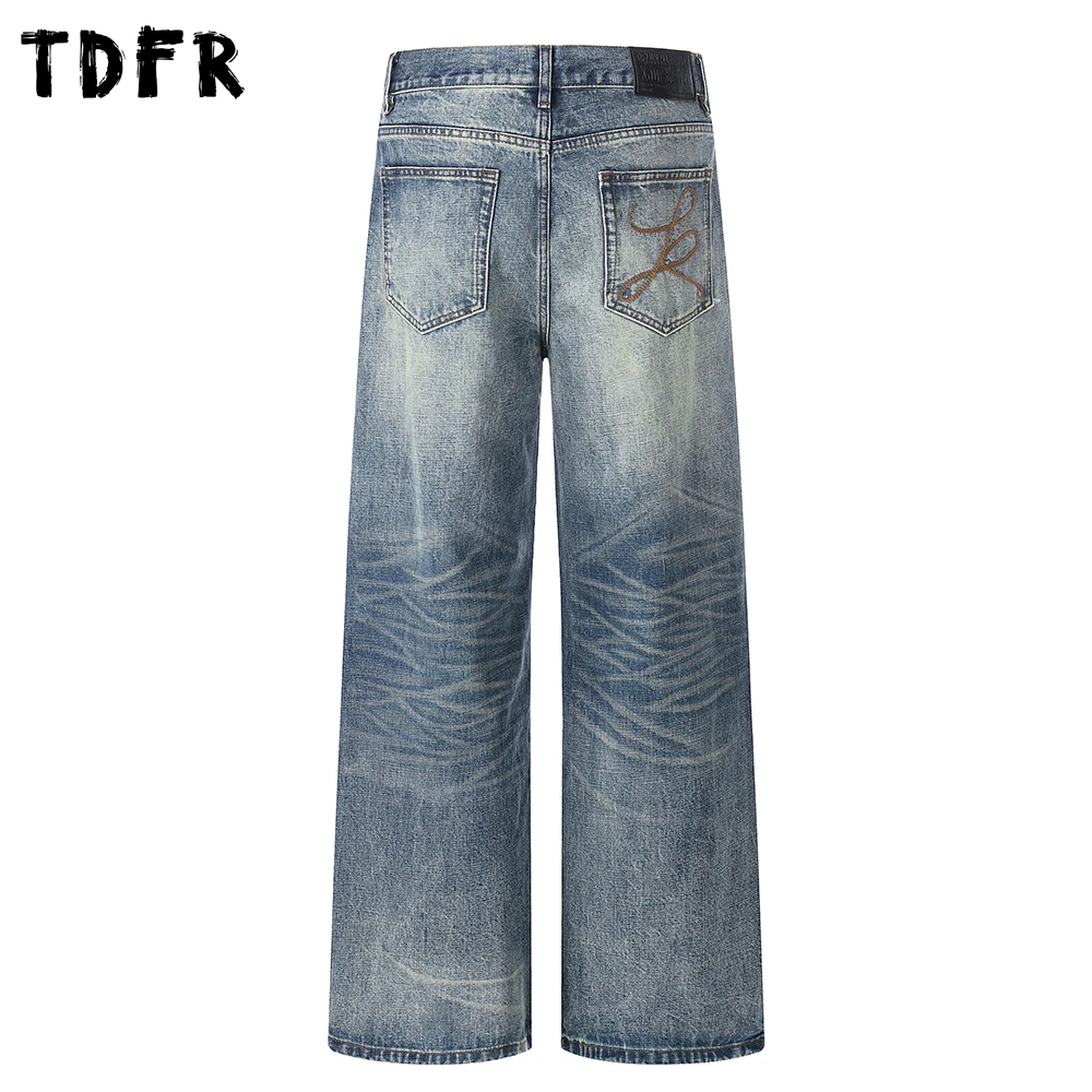 

Pocket Embroidery Jeans Mens Gradient Dyed Retro Casual Baggy Washed Distressed Straight-leg Denim Pants Man