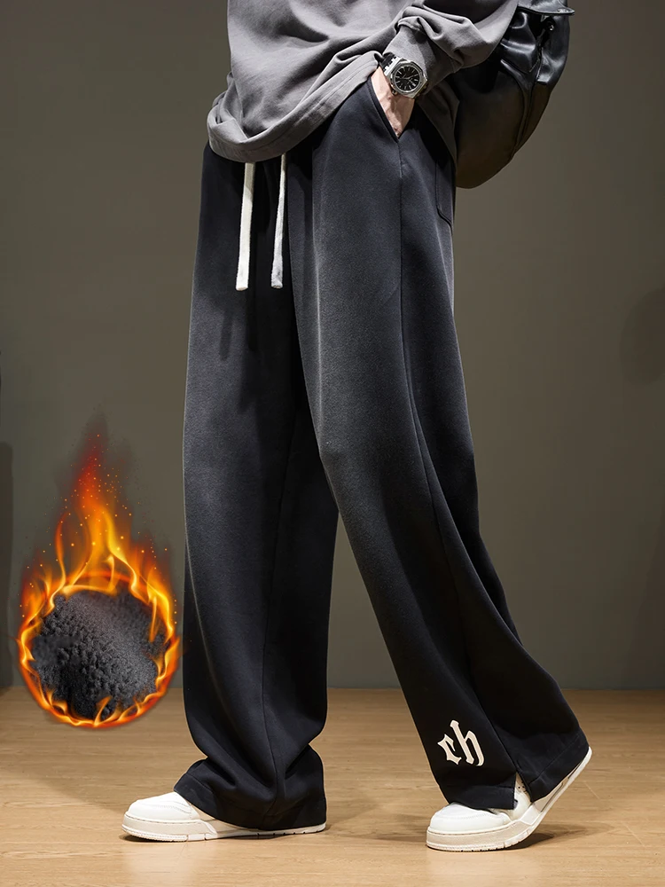 

Мужские зимние спортивные брюки на флисовой подкладке, толстые теплые потертые спортивные штаны, широкие прямые брюки для бега, азиатский размер L-5XL