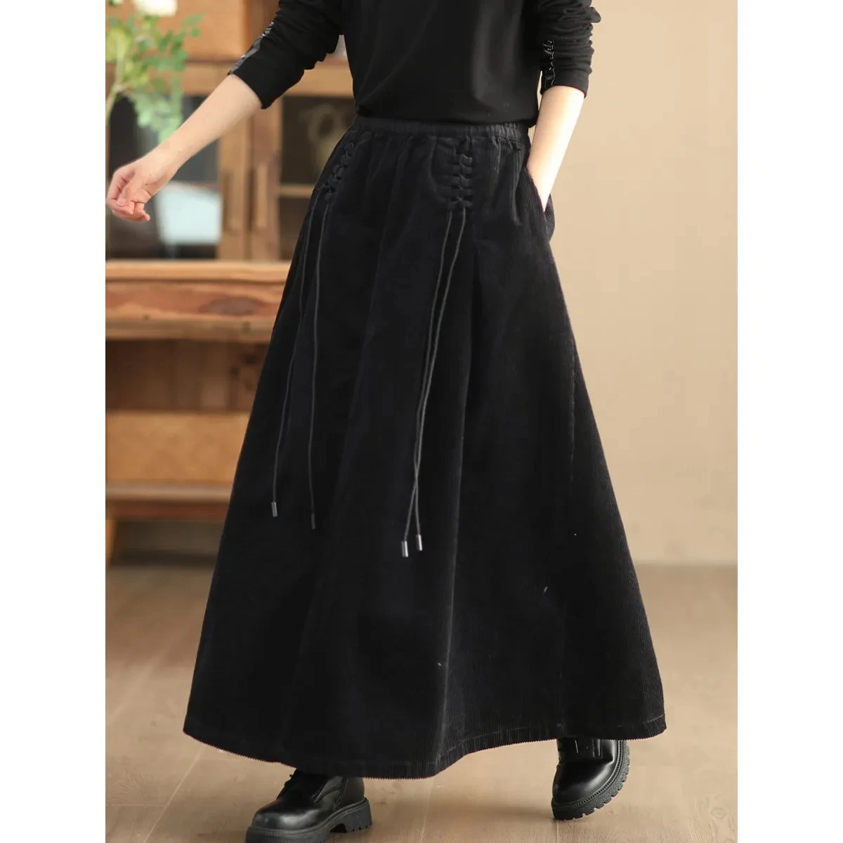 2024 New,Winter Retro Cotton Corduroy Skirt,For Womens Clothes,Casual Elastic High Waisted Skirt,Spring Autumn Striped Skirts