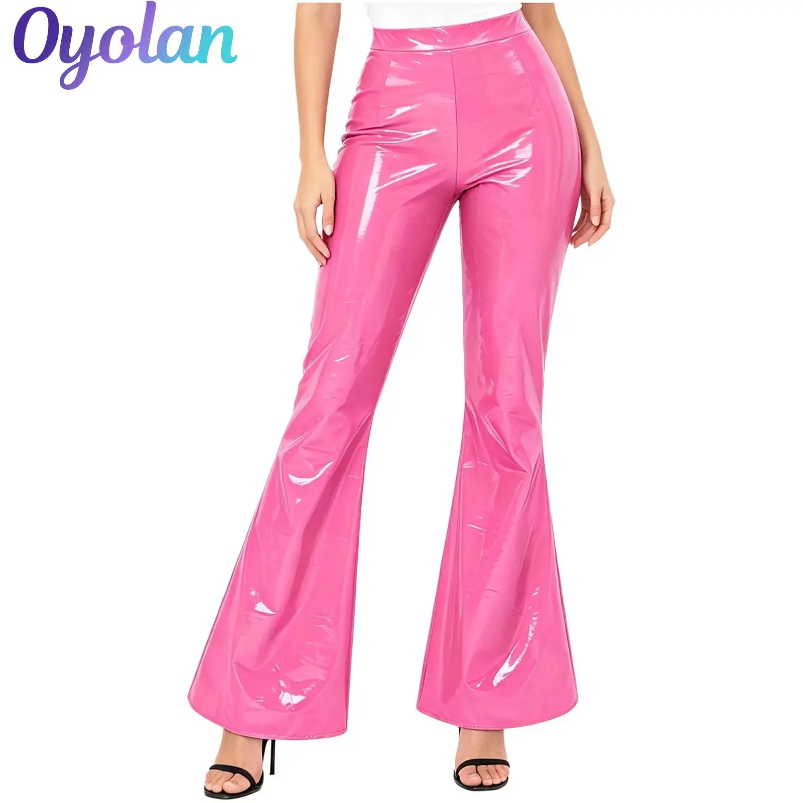 Womens Glossy PU Leather Y2K Flared Pants High Waist Back Ruched V-shaped Bodycon Bell Bottom Long Pants Wet Look Trousers