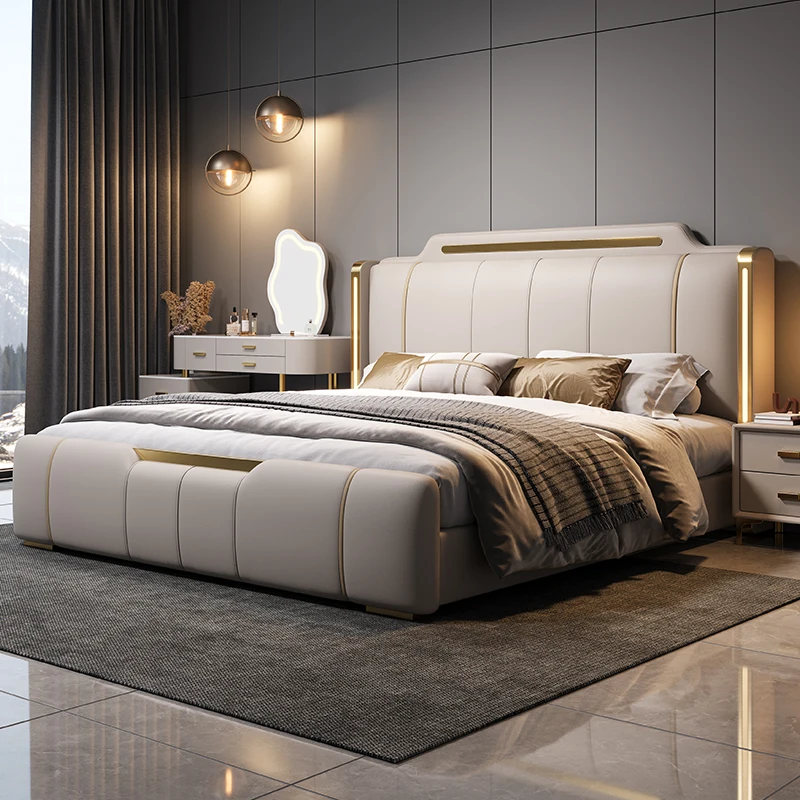 

Modern Luxury King-Size Bed with Soft Storage High-End Luxury Leather Wood Bedroom Queen Beds Frame Assembled Featurepromote sal