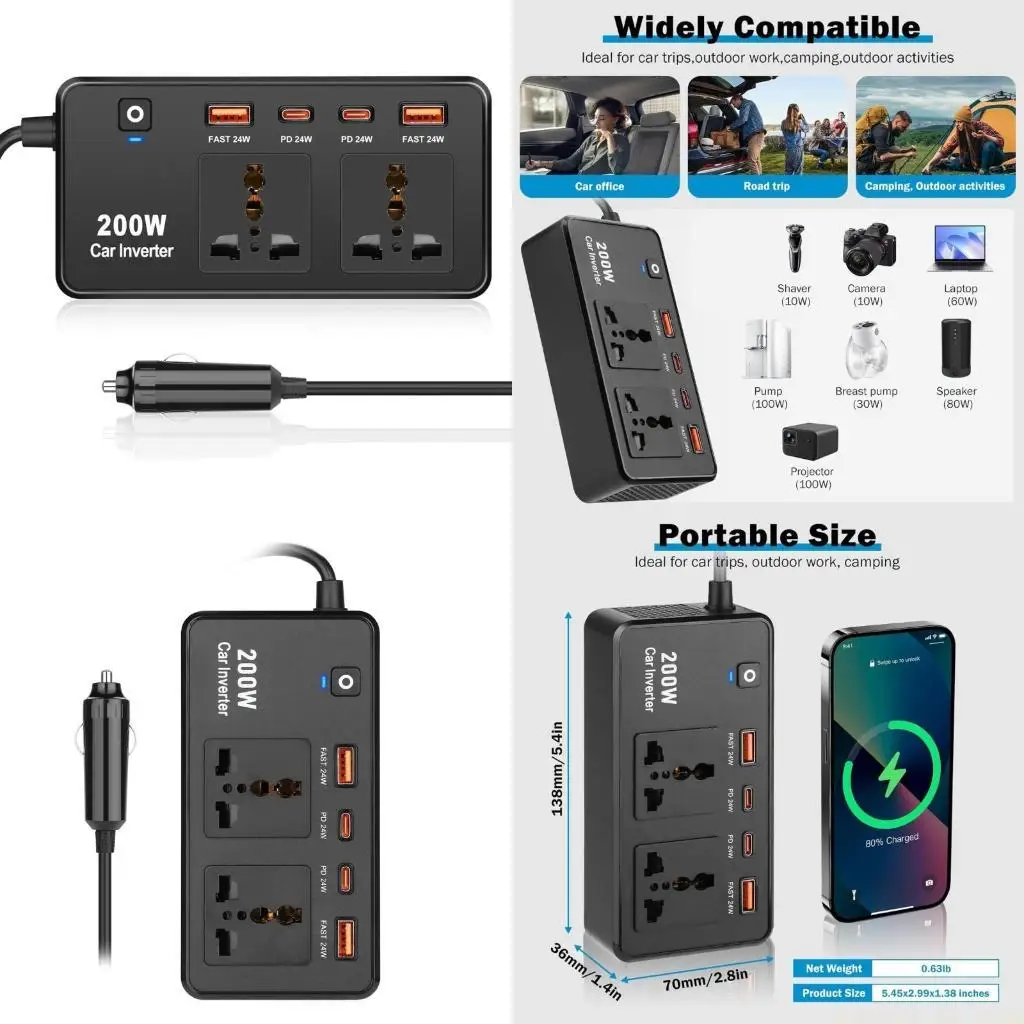 

J0ma Легкий эффективный инвертор автомобилей DC12V до AC220V с несколькими устройствами заряжает USB -порты для стабильного