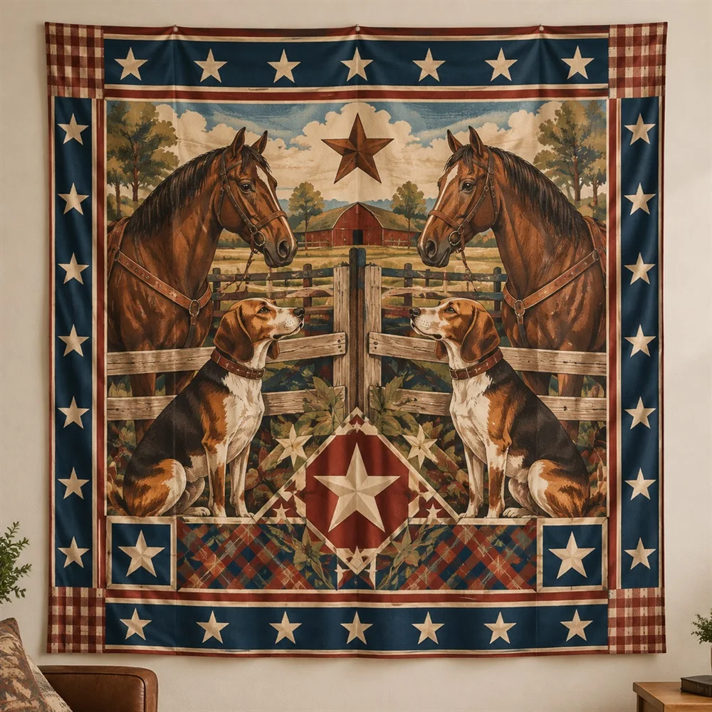 VIKAMA Hound and Horse Mirror Symmetric Tapestry Wall Hanging, American Wall Decor Tapestries for Living Room Bedroom Entryway