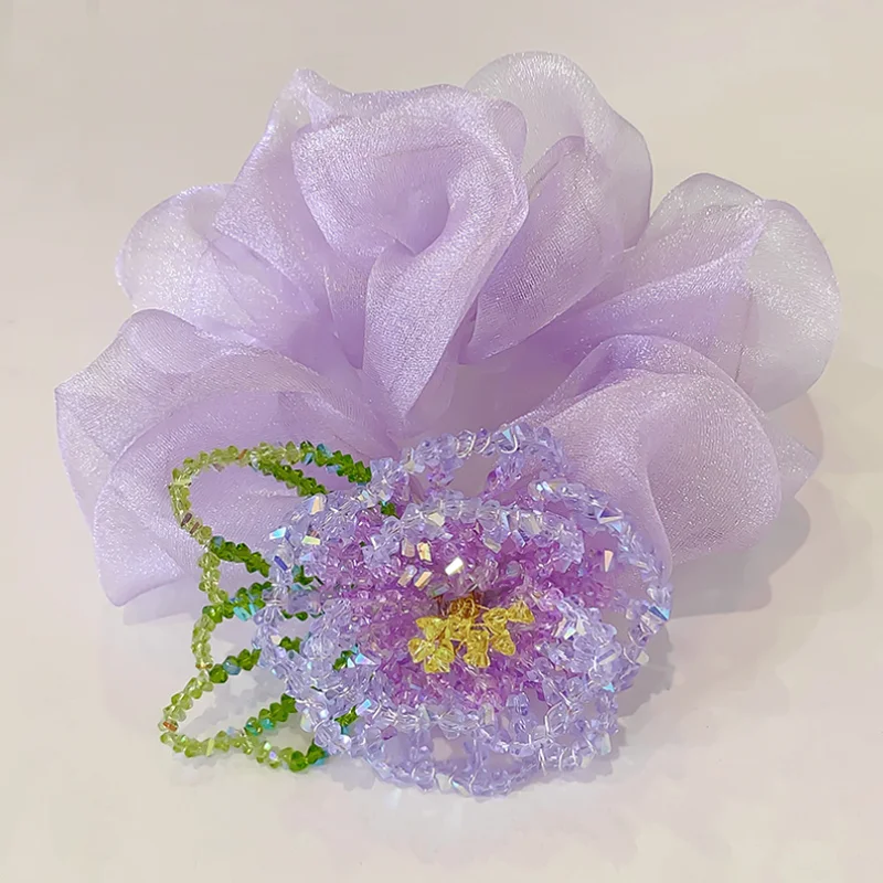 

Handmade Purple Crystal Flower Mesh Hair Ties Headband Exquisite Hair Rubber Band Elegant Ponytail Elastic Hair Band Accessory