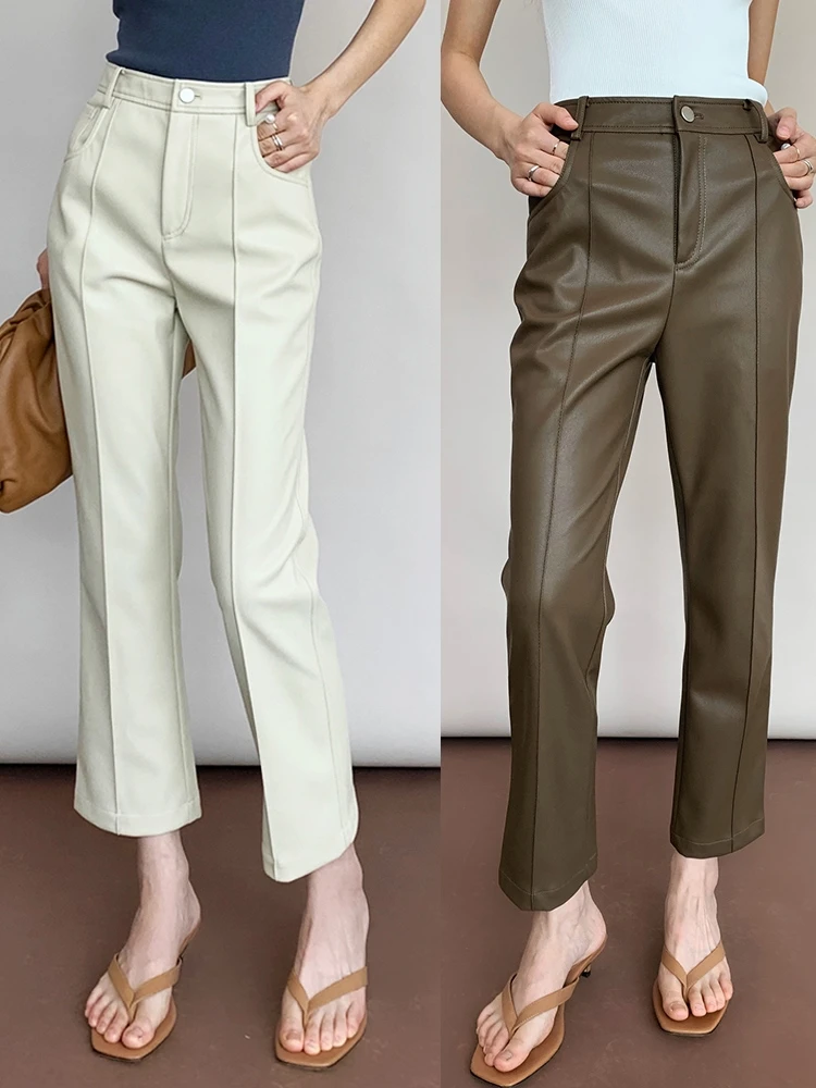 

Модные повседневные кожаные брюки прямого кроя с высокой талией из овчины для женщин, премиум-качество, длина 7/8, универсальные, облегающие.