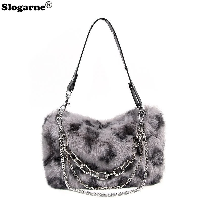 New Faux Fur Leopard Shoulder Bag Women\'s Autumn Winter Chain Handbags Ladies Leopard Print Clutch Purses Fluffy Top Handle Bags