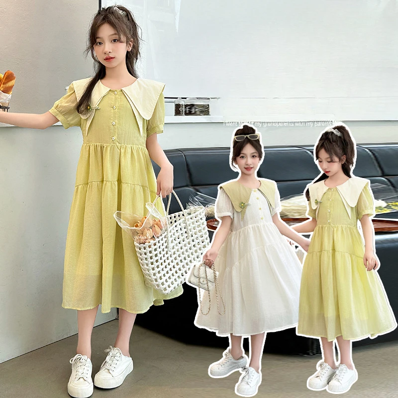 

Girls Dress Summer Dress 2024 New Style Girls Double Collar Skirt Big Child Collar Short Sleeve Princess Skirt Simple Casual