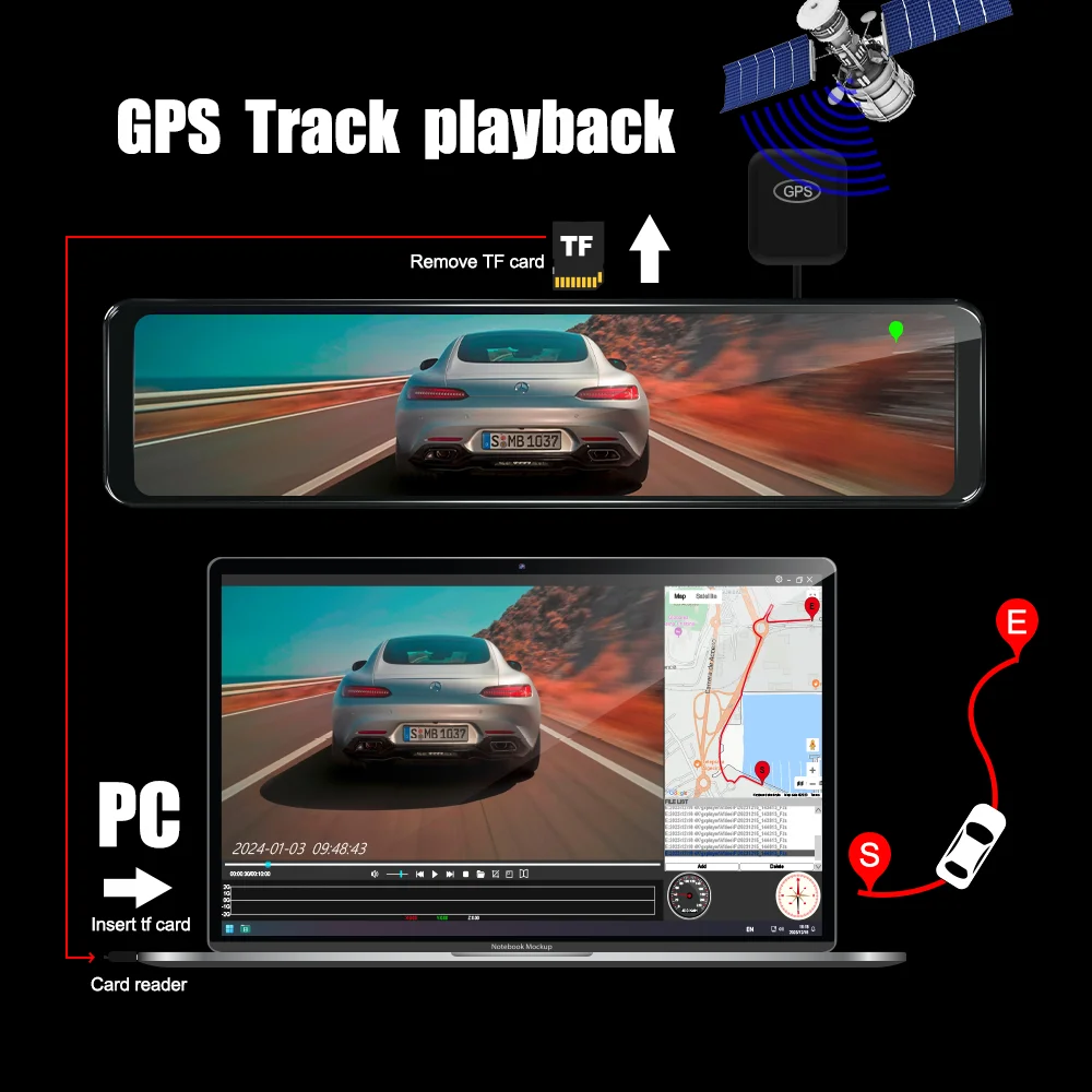 12Inch Dash Cam 4K 2160P Car Mirror Video Recording Carplay & Android Auto Wireless Connection WiFi ADAS GPS Navigation FM AUX