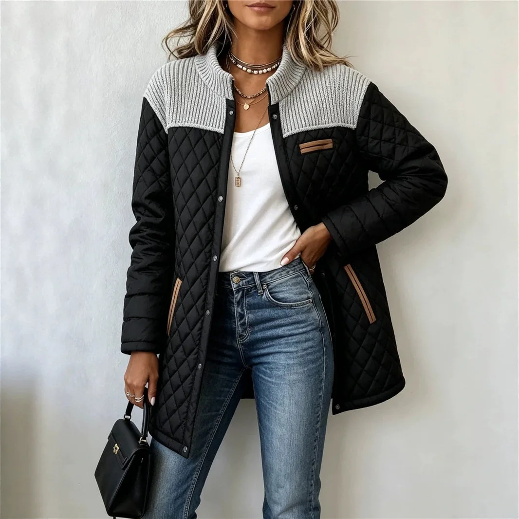 Rib Knit Collar Spliced Quilted Coat Women Long Sleeve Pocket Design Loose Solid Color Fashion Casual Outerwear Cotton Jackets