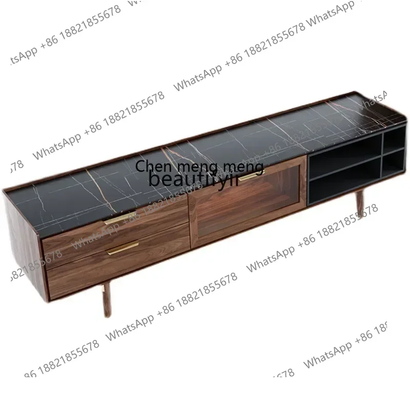D178  Y zq Nordic TV Cabinet Black Walnut Stone Plate Glass Floor Cabinet Modern Minimalist Side Cabinet Living Room Furniture