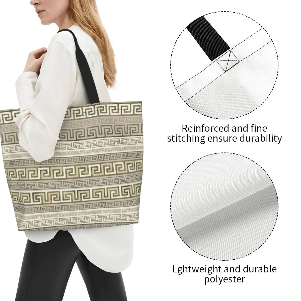 Bolso de compras con patrón de meandro griego reutilizable para mujer, bolso de hombro de lona, bolso de mano portátil, adorno de llave griega, bolsas de compras de comestibles