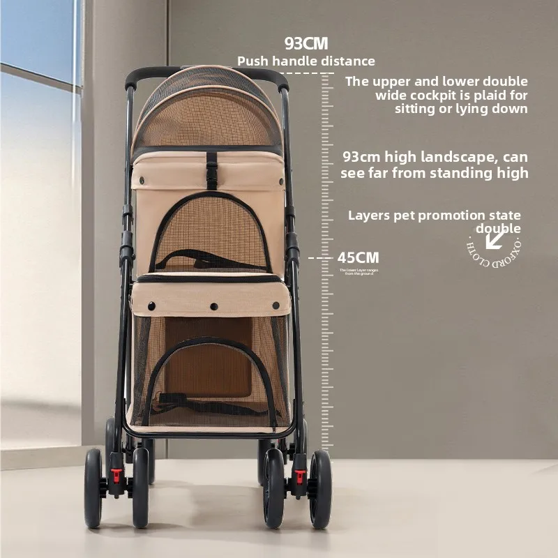 Cochecito para mascotas de dos pisos, portador ligero plegable para gatos/perros, asiento de viaje todoterreno con dosel, cochecito transpirable para exteriores